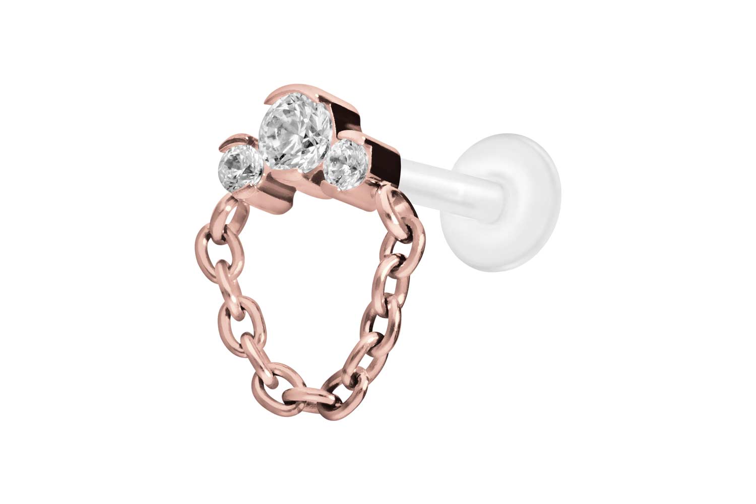 PTFE Labret Piercing mit Innengewinde + Titan-Aufsatz 3 EINGEFASSTE KRISTALLE + KETTE